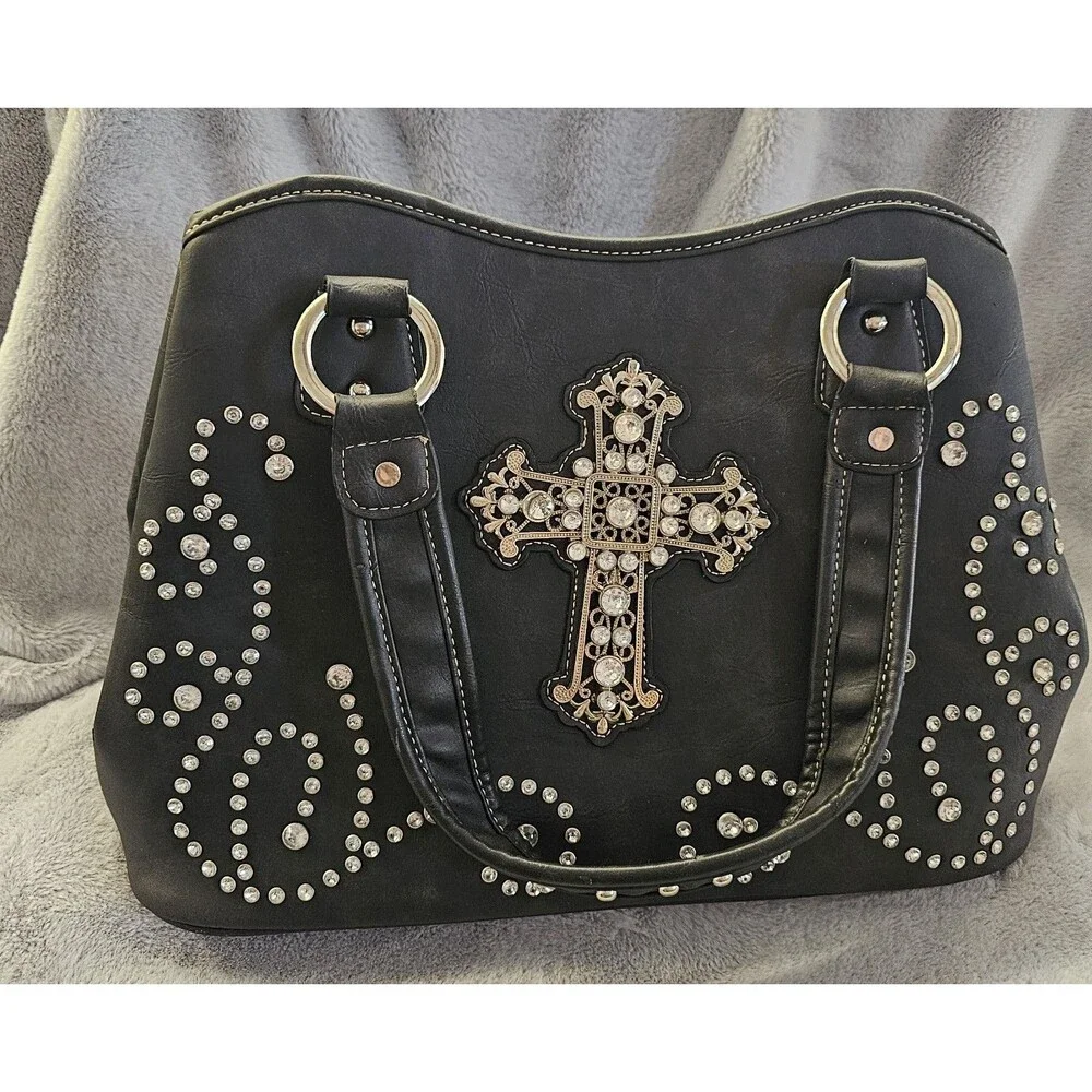 Vtg Country Road Black Leather Purse Rhinestones With A Cross